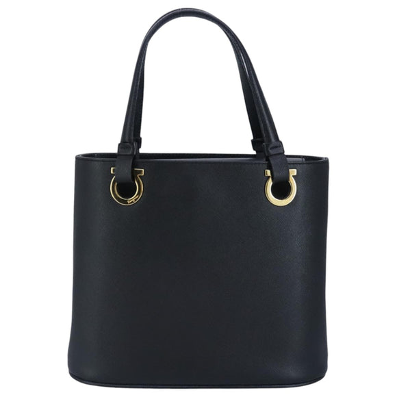 Salvatore Ferragamo Gancini Hand Bag Leather Black Gold Auth 97062AV