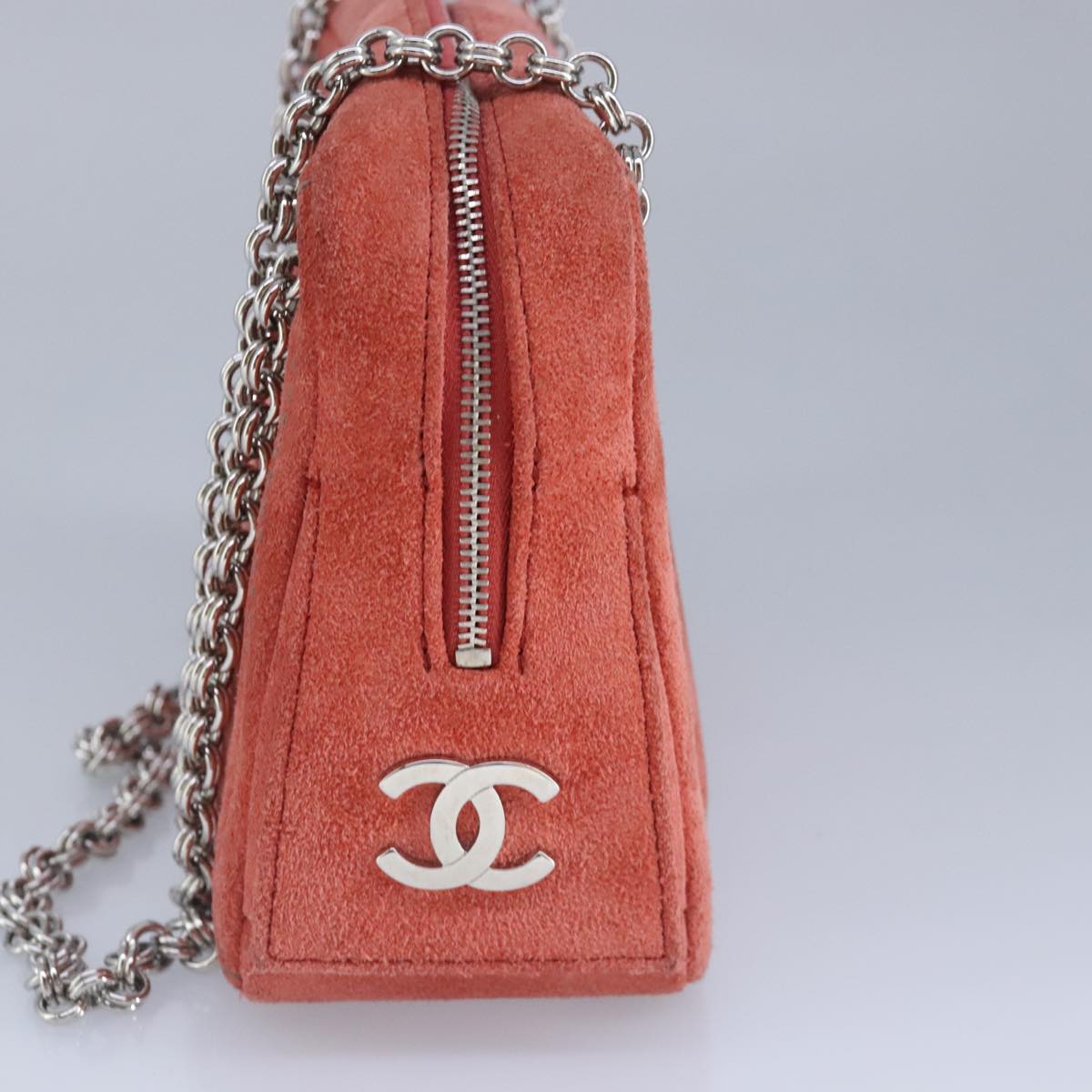 CHANEL Matelasse Chain Shoulder Bag Suede Orange Silver CC Auth 97064