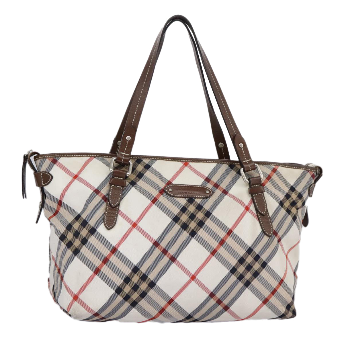 BURBERRY Nova Check Blue Label Tote Bag Nylon Beige Silver Auth 97066