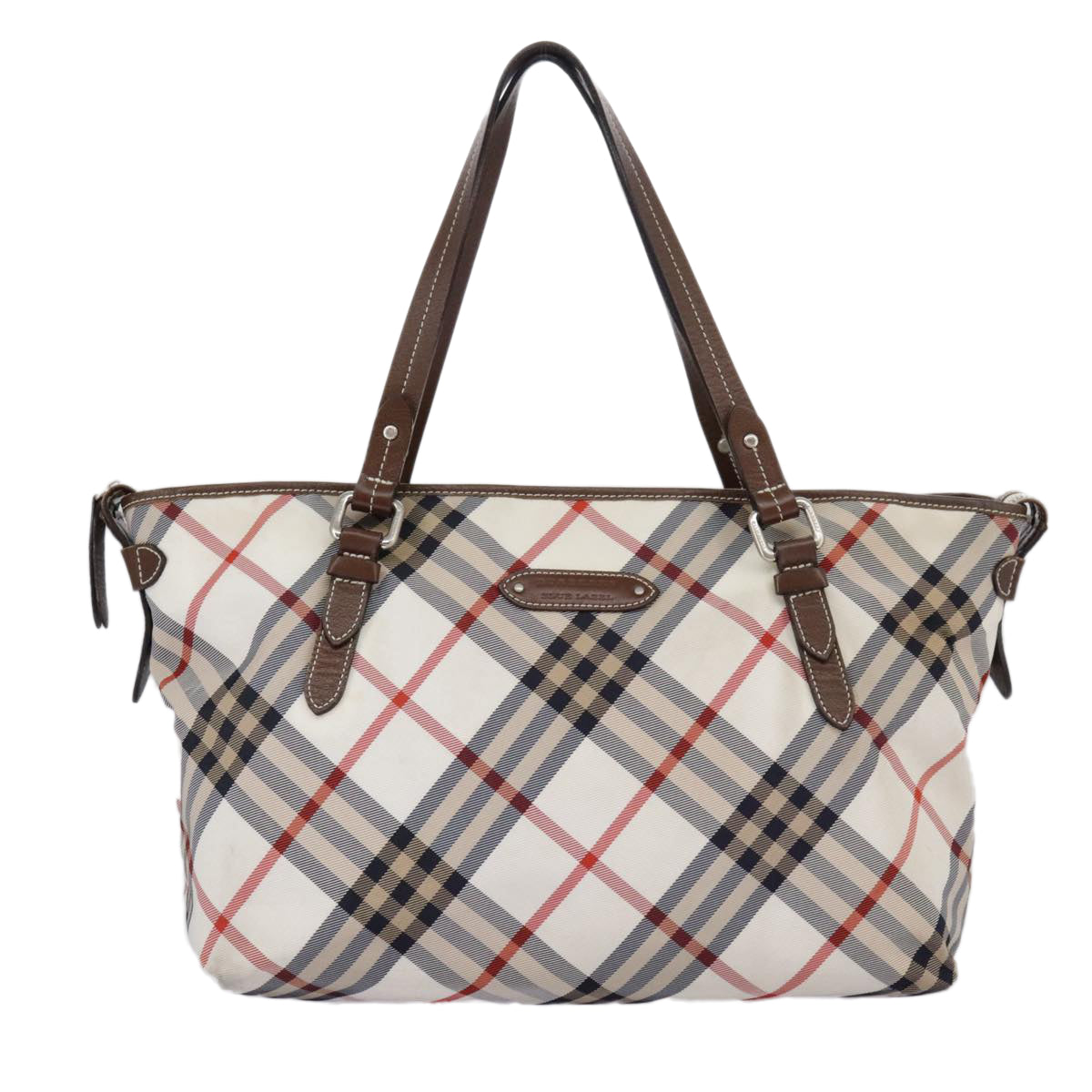 BURBERRY Nova Check Blue Label Tote Bag Nylon Beige Silver Auth 97066