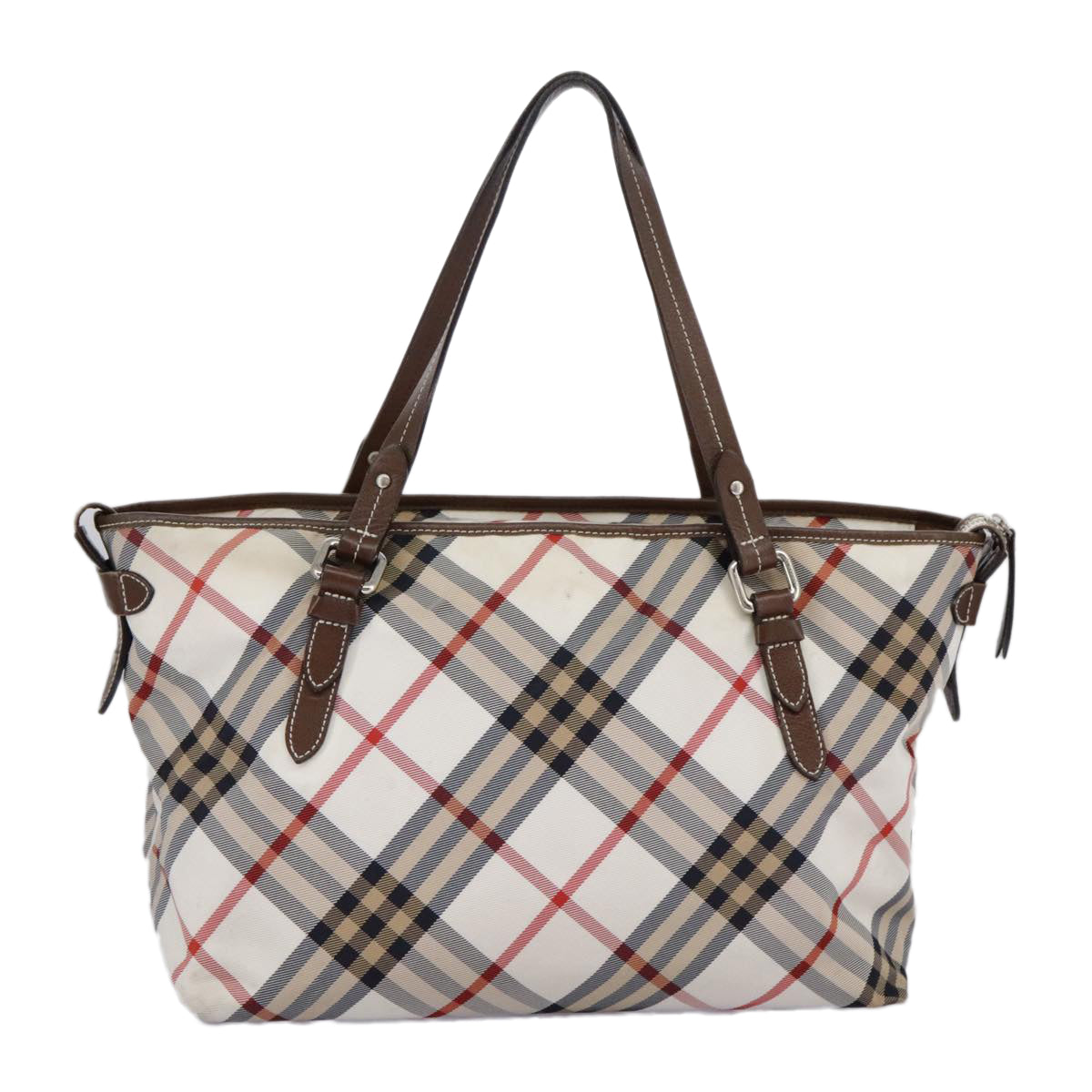 BURBERRY Nova Check Blue Label Tote Bag Nylon Beige Silver Auth 97066 - 0