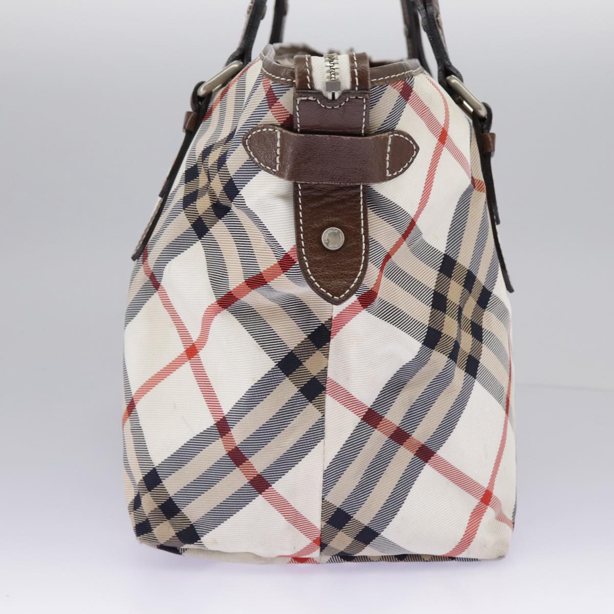 BURBERRY Nova Check Blue Label Tote Bag Nylon Beige Silver Auth 97066