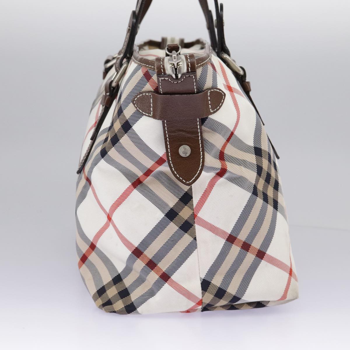 BURBERRY Nova Check Blue Label Tote Bag Nylon Beige Silver Auth 97066