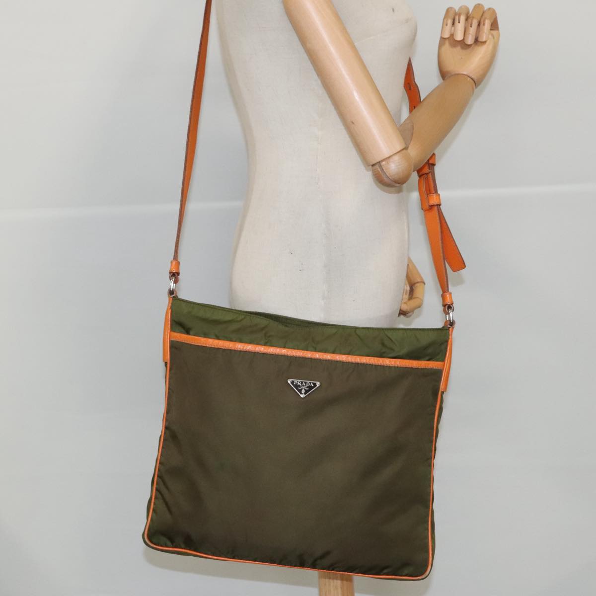 PRADA Shoulder Bag Nylon Khaki Silver Auth 97094