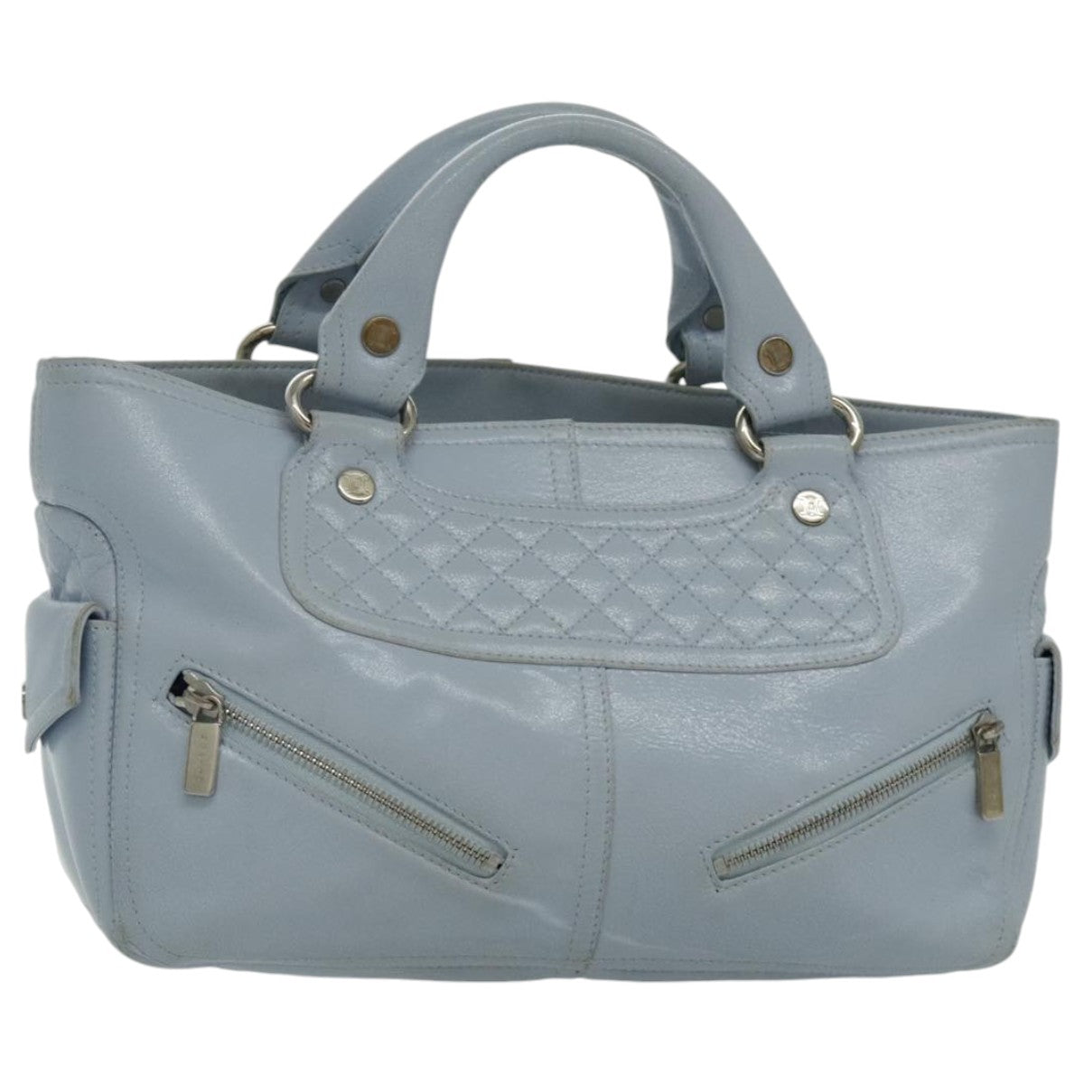 CELINE Hand Bag Leather Light Blue Silver Auth 97099