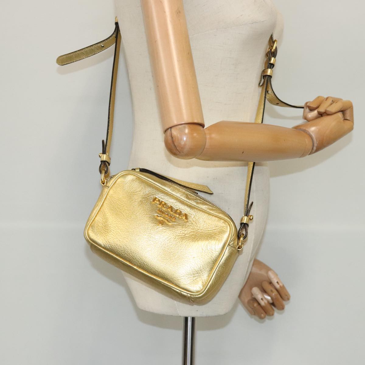 PRADA Shoulder Bag Leather Gold Auth 97105