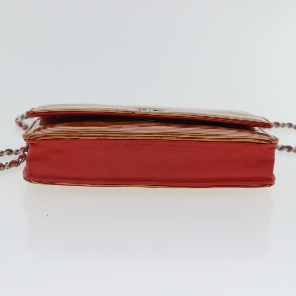 CHANEL Chain Shoulder Wallet Patent leather Orange Silver CC Auth 97108