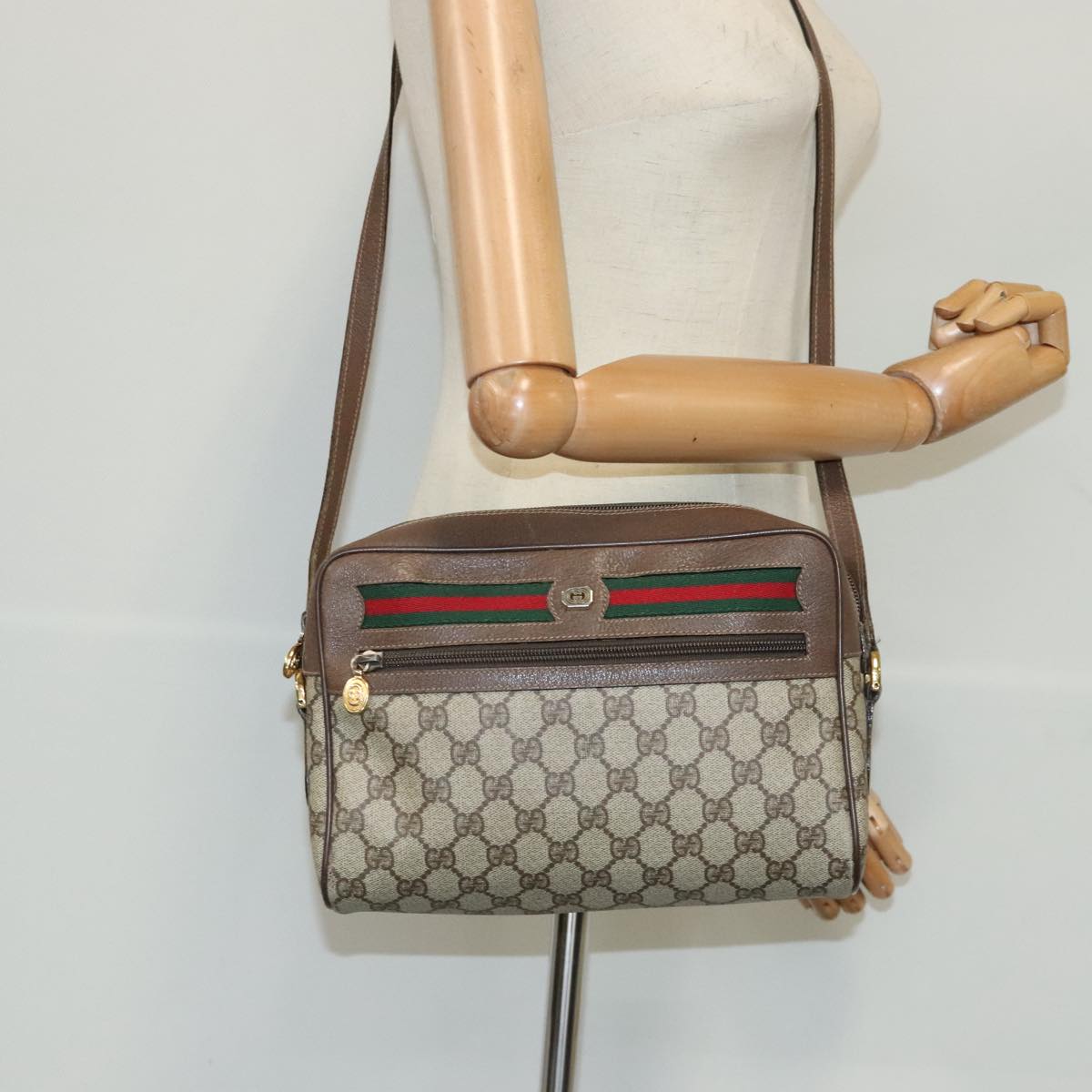 GUCCI GG Supreme Web Sherry Line Shoulder Bag PVC Beige Red Green Auth 97121