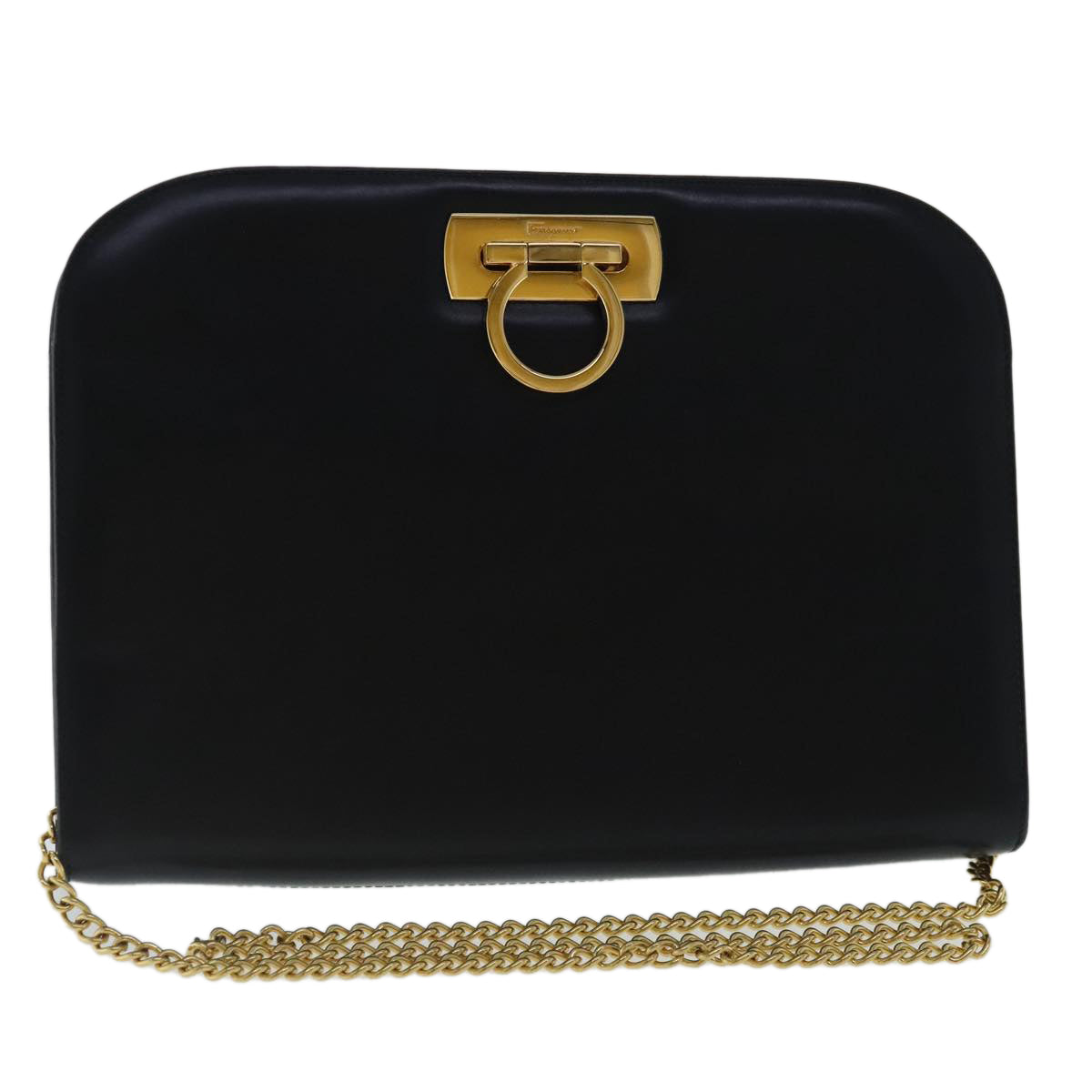 Salvatore Ferragamo Gancini Chain Shoulder Bag Leather Black Gold Auth 97123