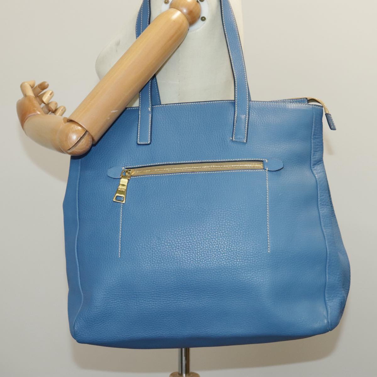 PRADA Tote Bag Leather Blue Gold Auth 97133