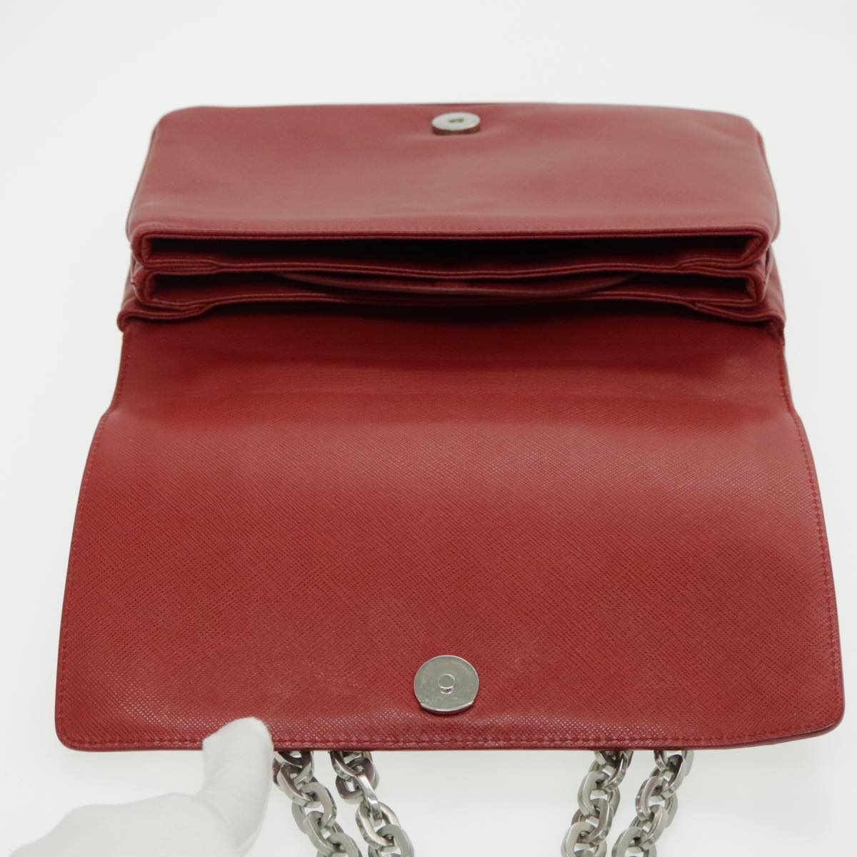 PRADA Chain Shoulder Bag Safiano leather Red Silver white Auth 97139