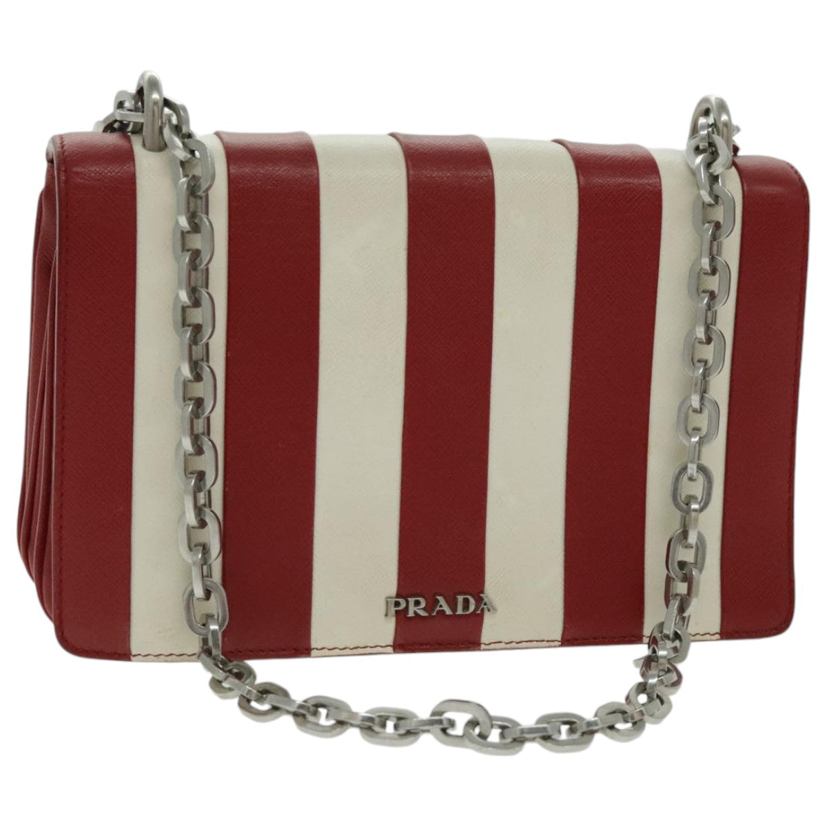 PRADA Chain Shoulder Bag Safiano leather Red Silver white Auth 97139