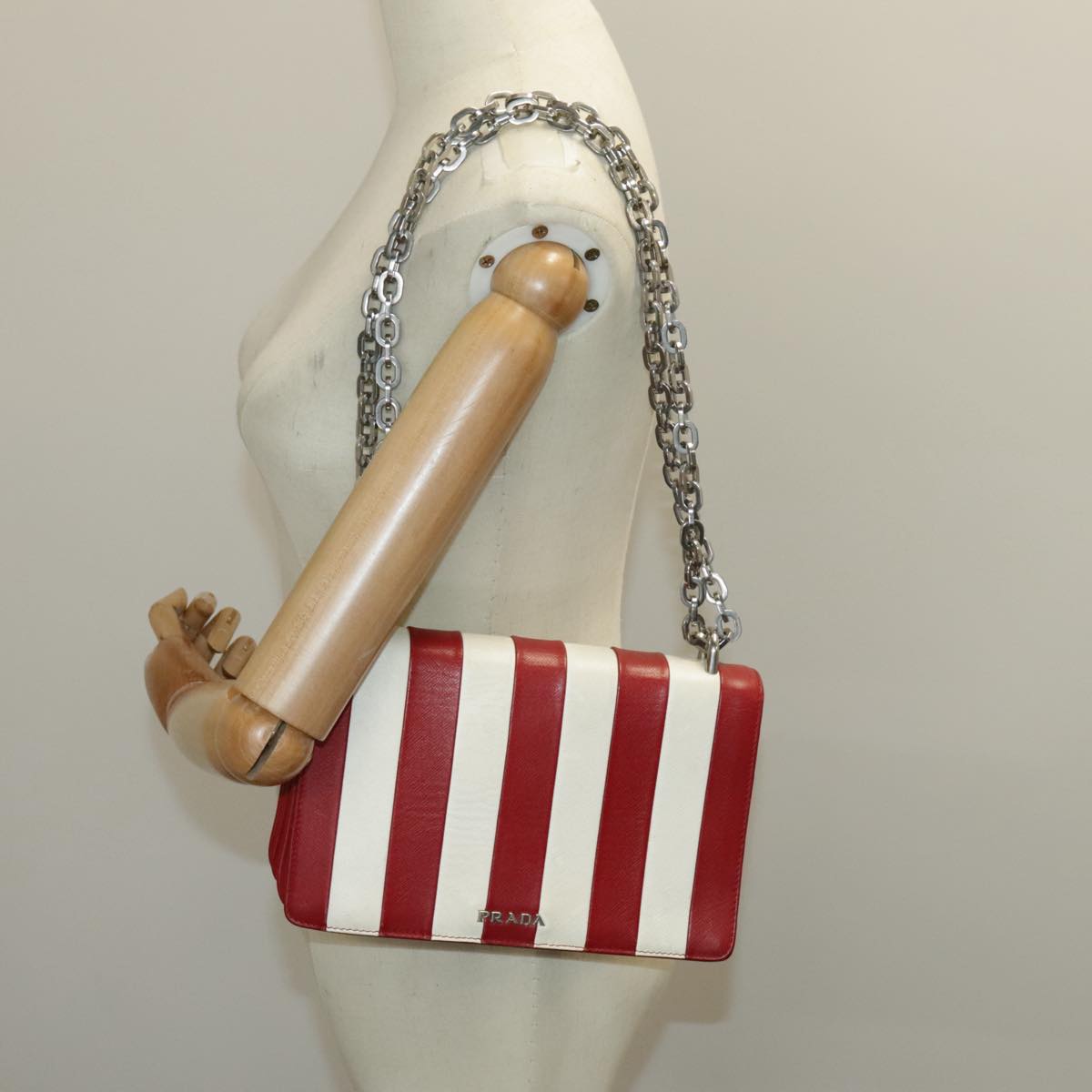 PRADA Chain Shoulder Bag Safiano leather Red Silver white Auth 97139