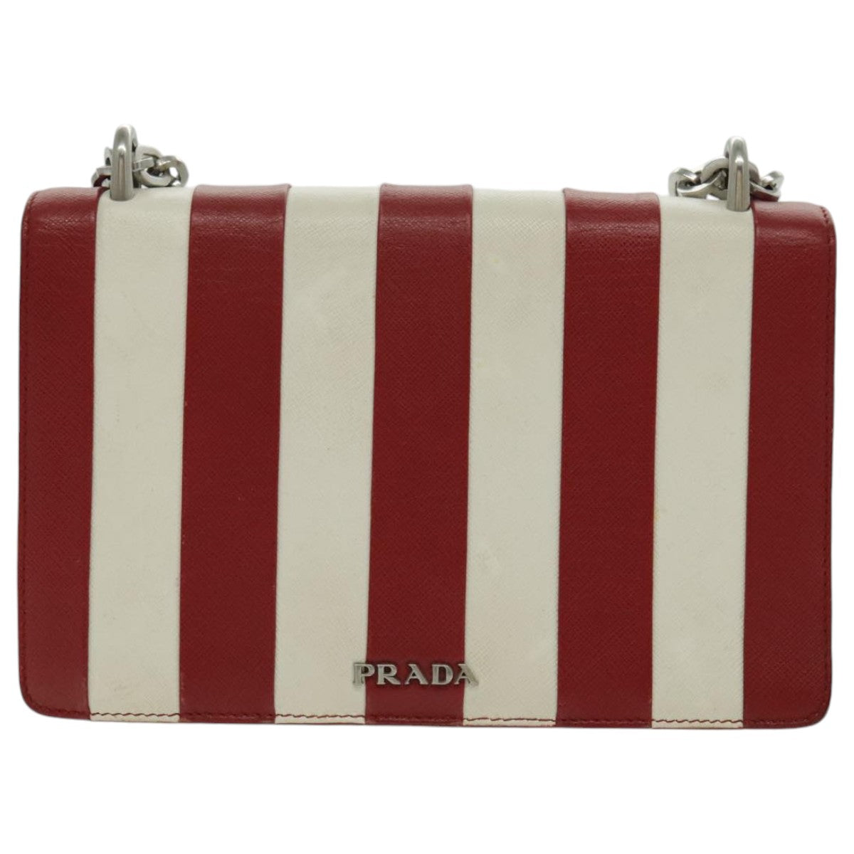 PRADA Chain Shoulder Bag Safiano leather Red Silver white Auth 97139