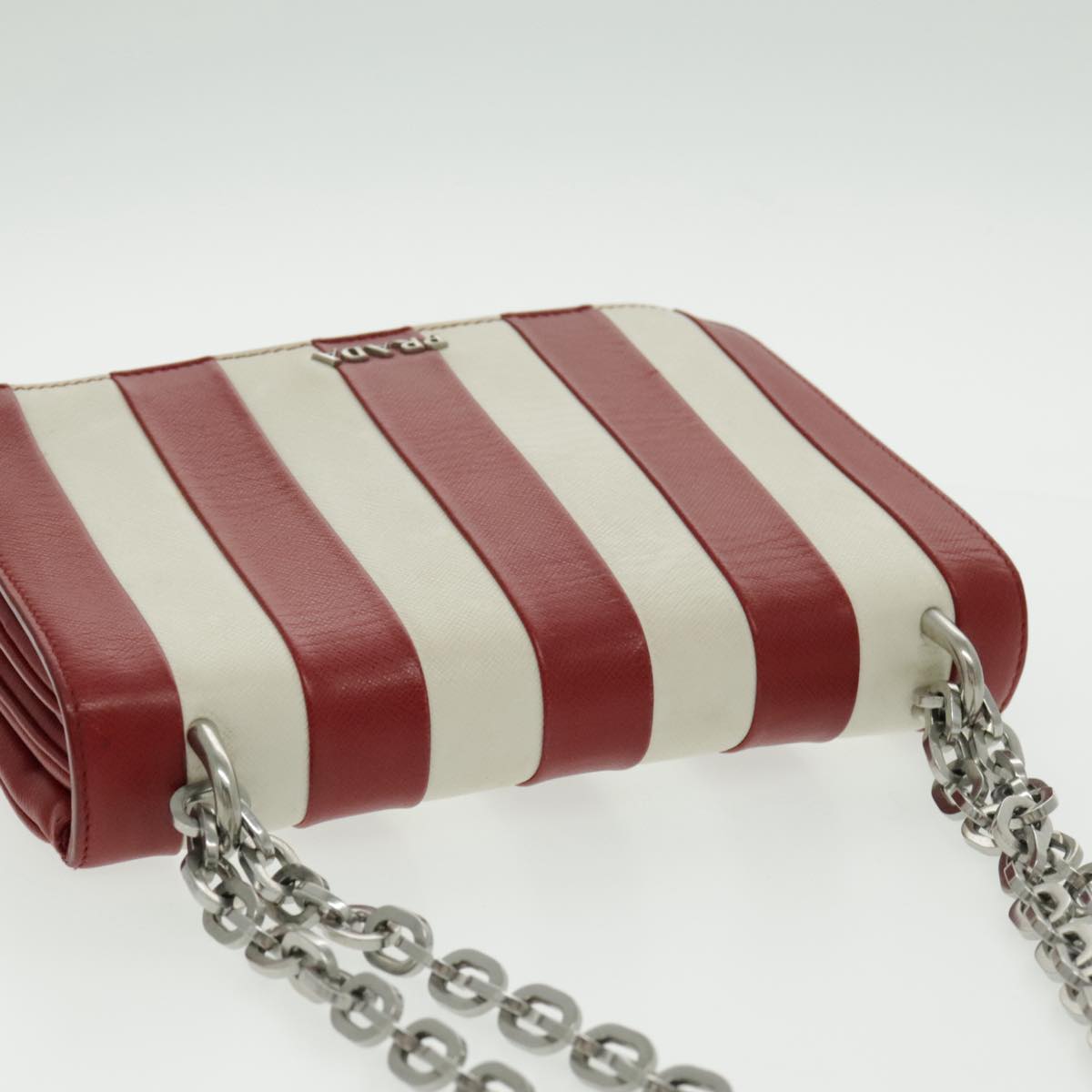 PRADA Chain Shoulder Bag Safiano leather Red Silver white Auth 97139