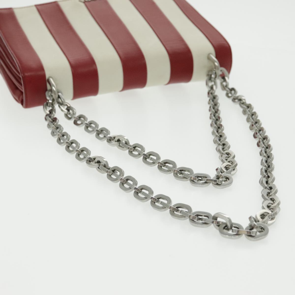 PRADA Chain Shoulder Bag Safiano leather Red Silver white Auth 97139