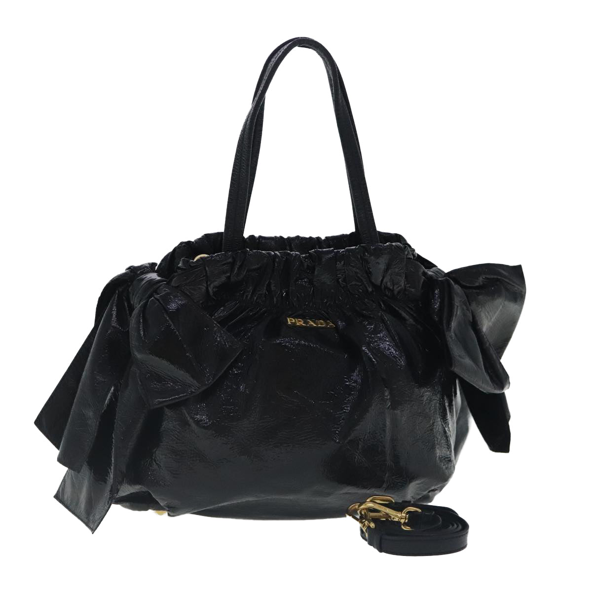 PRADA Hand Bag Enamel 2way Black Gold Auth 97145