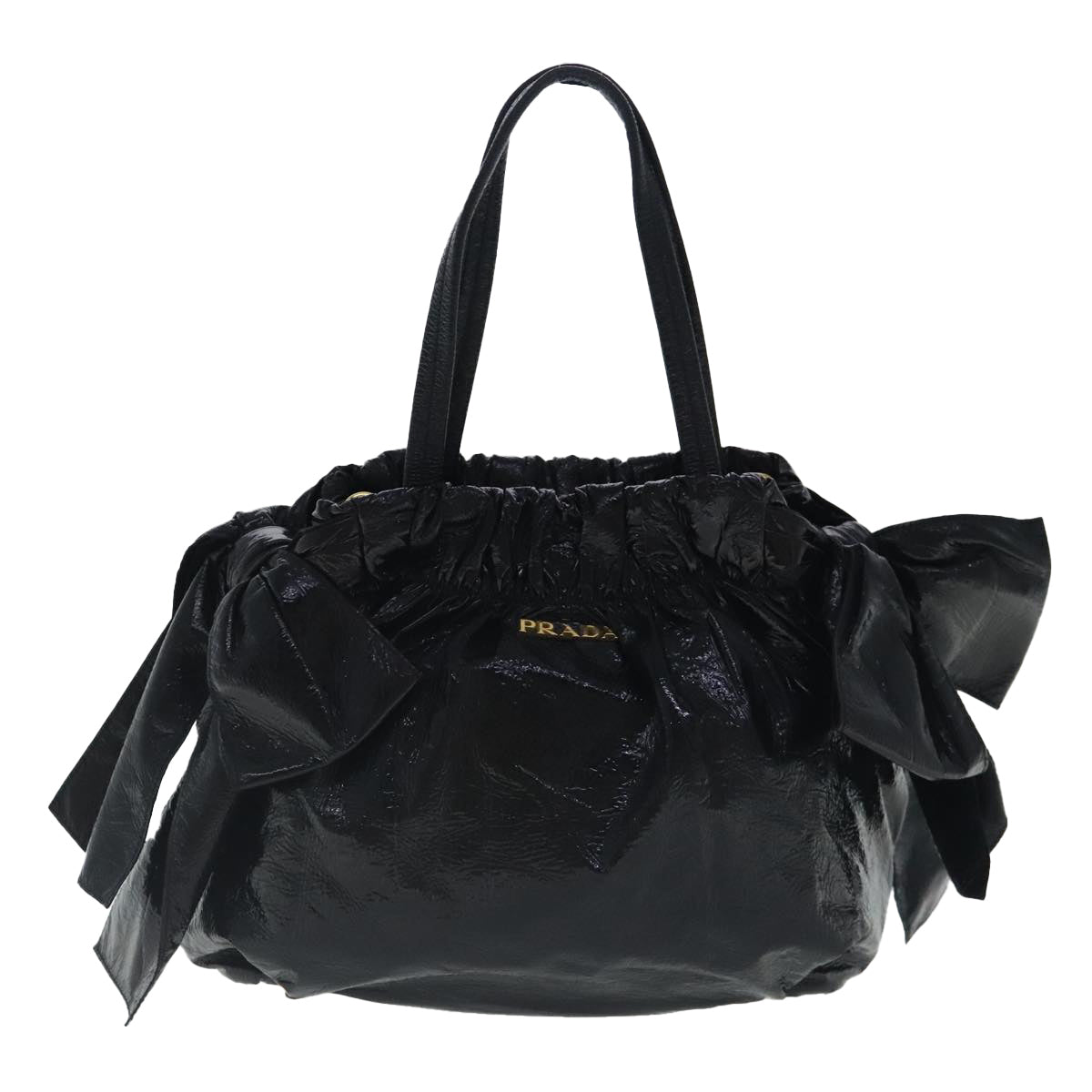 PRADA Hand Bag Enamel 2way Black Gold Auth 97145 - 0