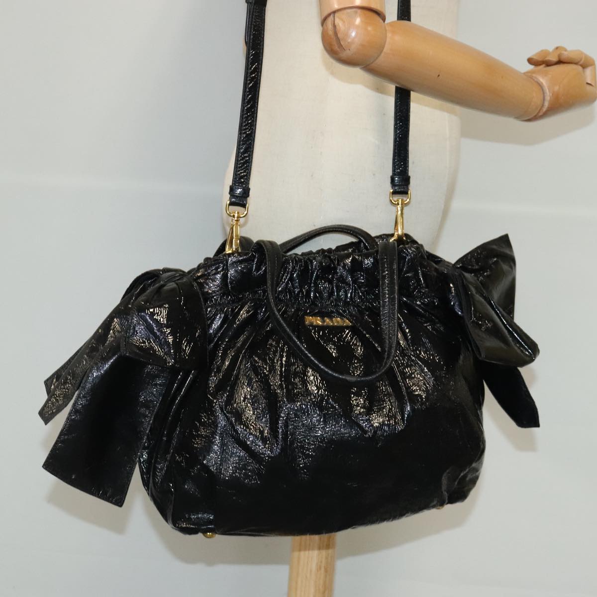 PRADA Hand Bag Enamel 2way Black Gold Auth 97145