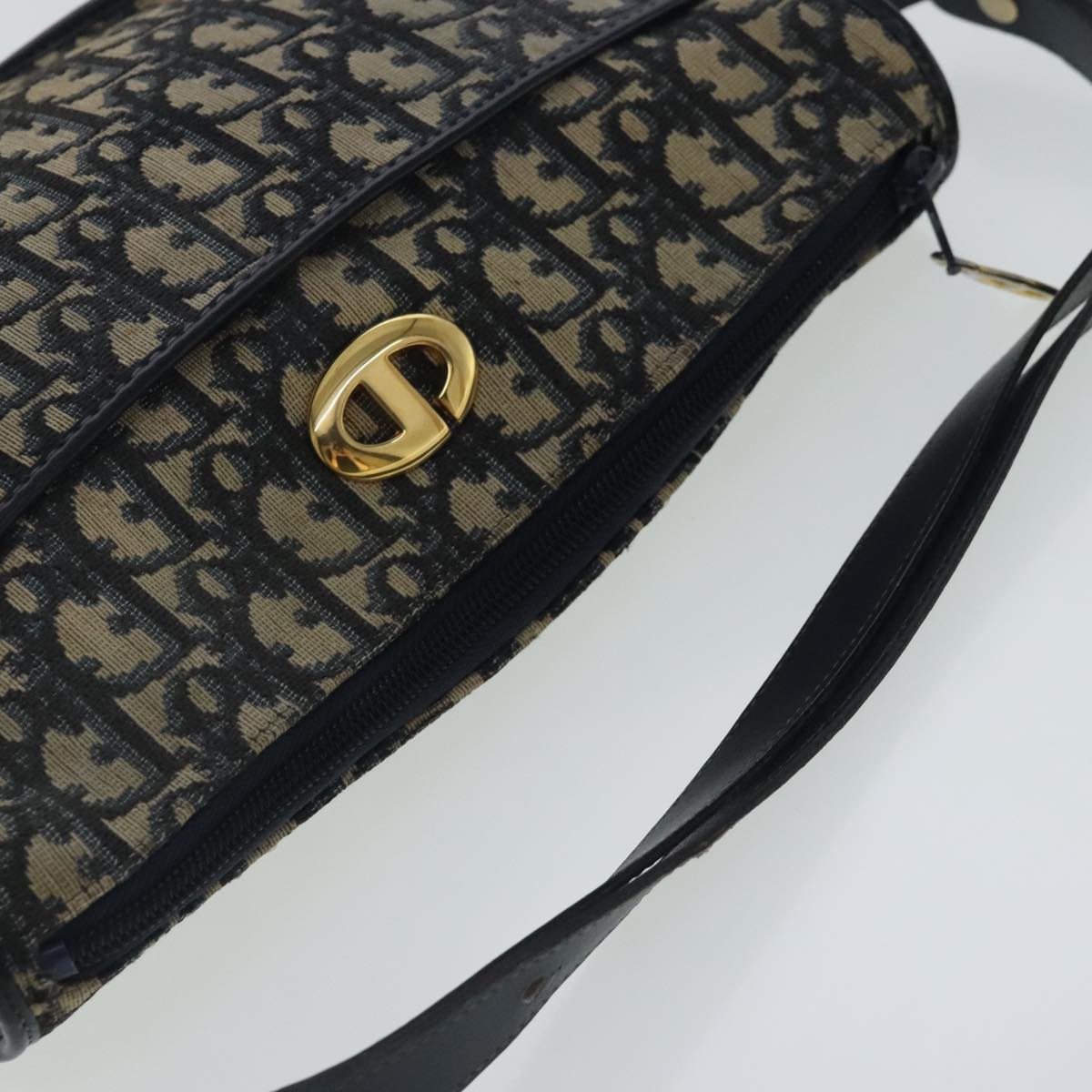 Christian Dior Trotter Canvas Shoulder Bag Navy Gold Auth 97146