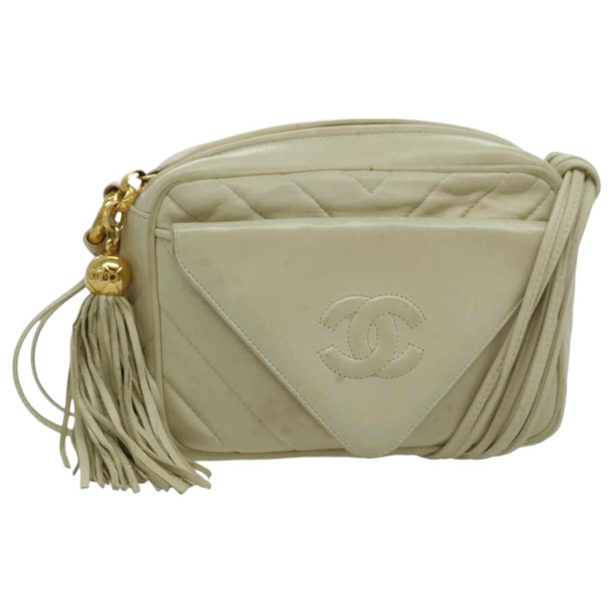 CHANEL V Stitch Shoulder Bag Lamb Skin Gold Beige CC Auth 97147