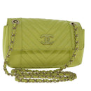 CHANEL Chain V Stitch Shoulder Bag Lamb Skin Yellow Gold CC Auth 97148-1