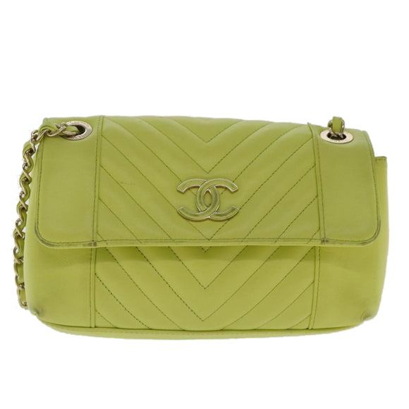 CHANEL Chain V Stitch Shoulder Bag Lamb Skin Yellow Gold CC Auth 97148