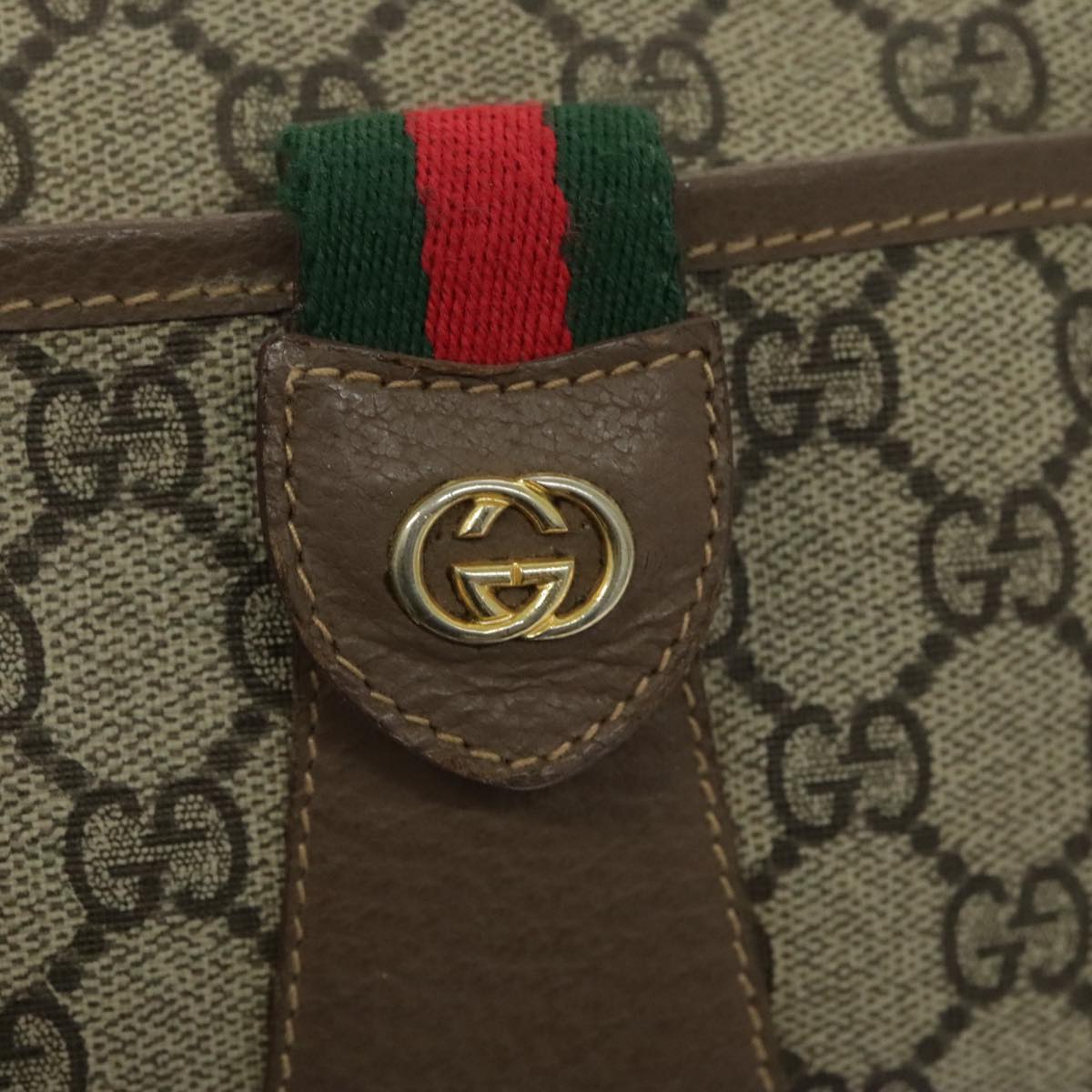 GUCCI GG Canvas Web Sherry Line Shoulder Bag PVC Beige Gold Auth 97156