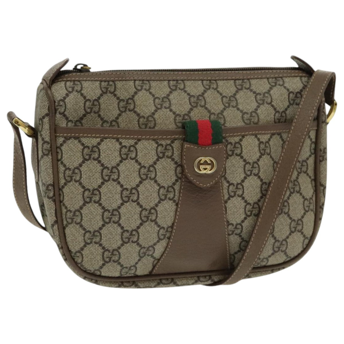 GUCCI GG Canvas Web Sherry Line Shoulder Bag PVC Beige Gold Auth 97156