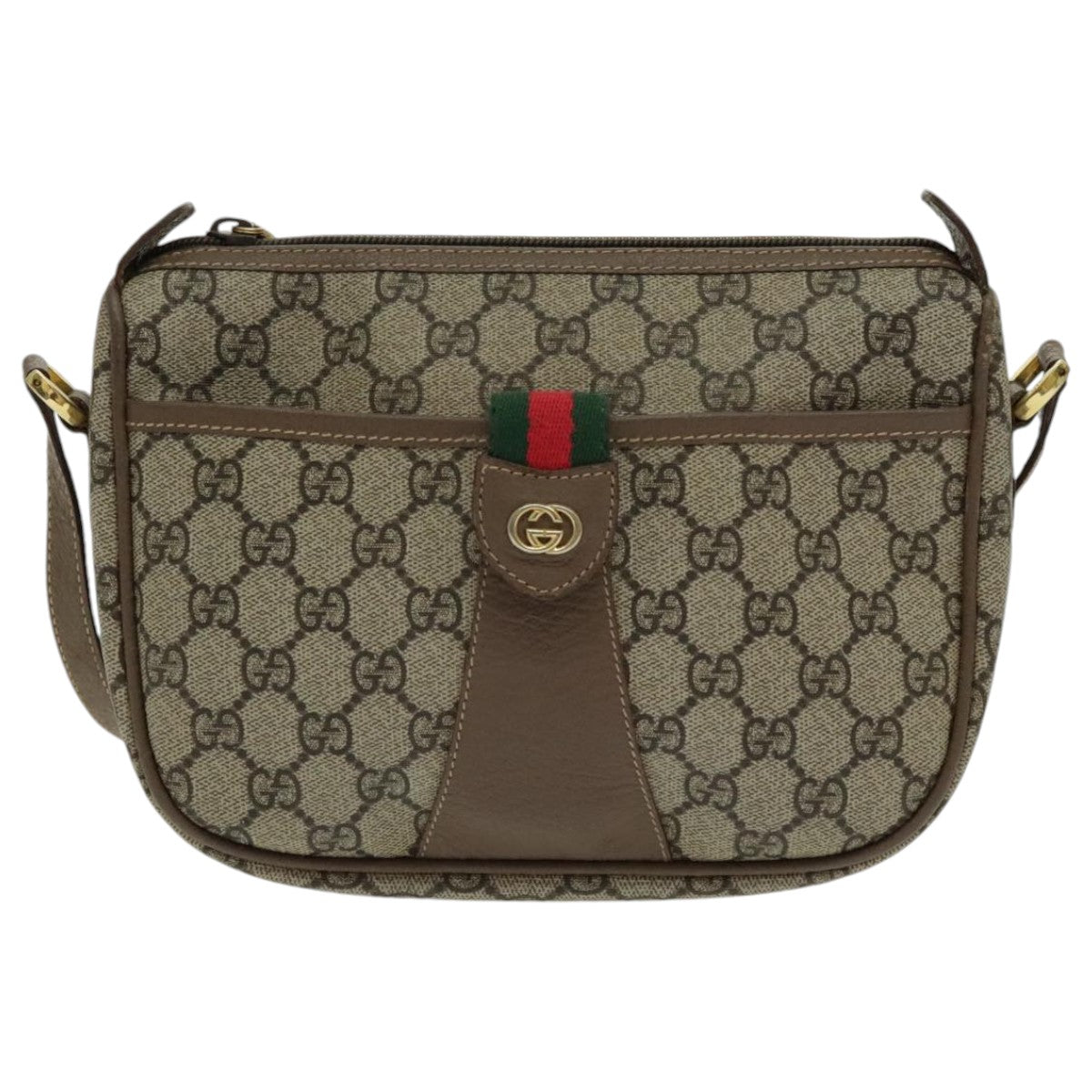 GUCCI GG Canvas Web Sherry Line Shoulder Bag PVC Beige Gold Auth 97156