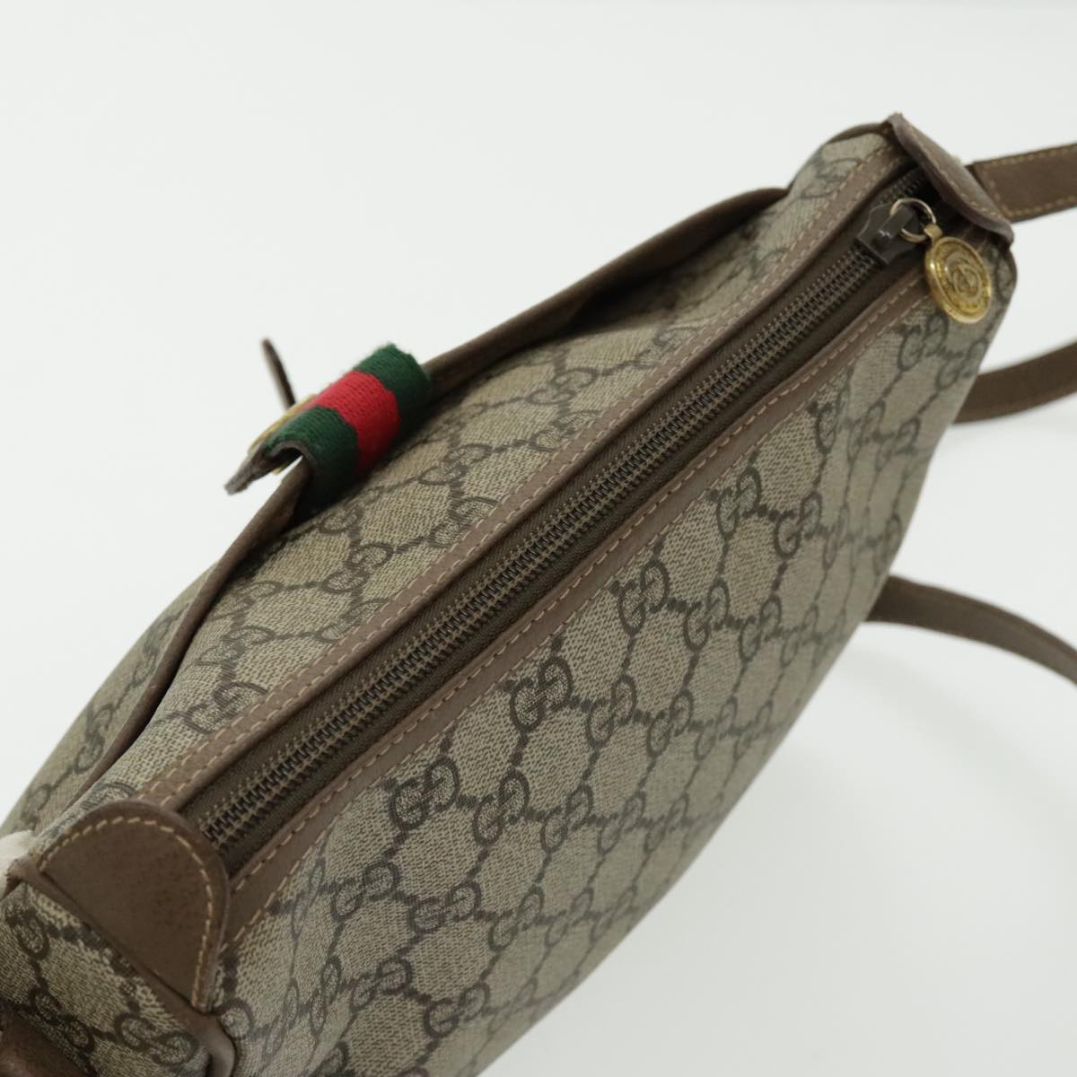 GUCCI GG Canvas Web Sherry Line Shoulder Bag PVC Beige Gold Auth 97156