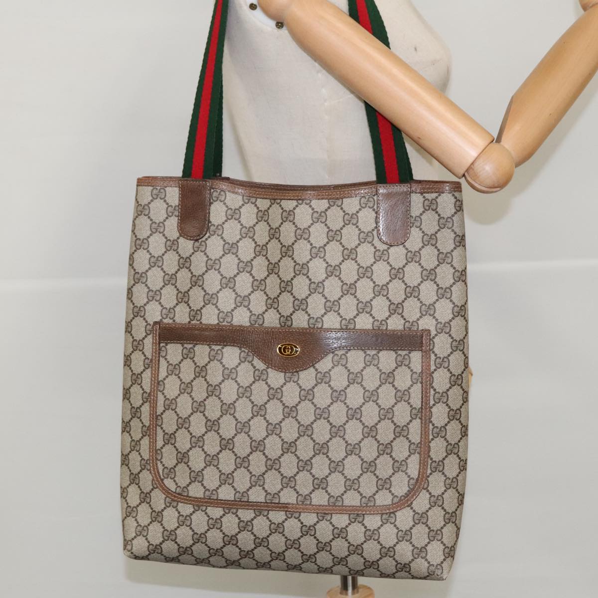 GUCCI GG Supreme Webshire Line Tote Bag PVC Leather Beige 39 02 003 Auth 97160