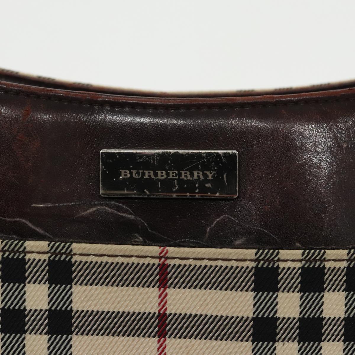 BURBERRY Nova Check Shoulder Bag Nylon Leather Beige Brown Silver Auth 97192