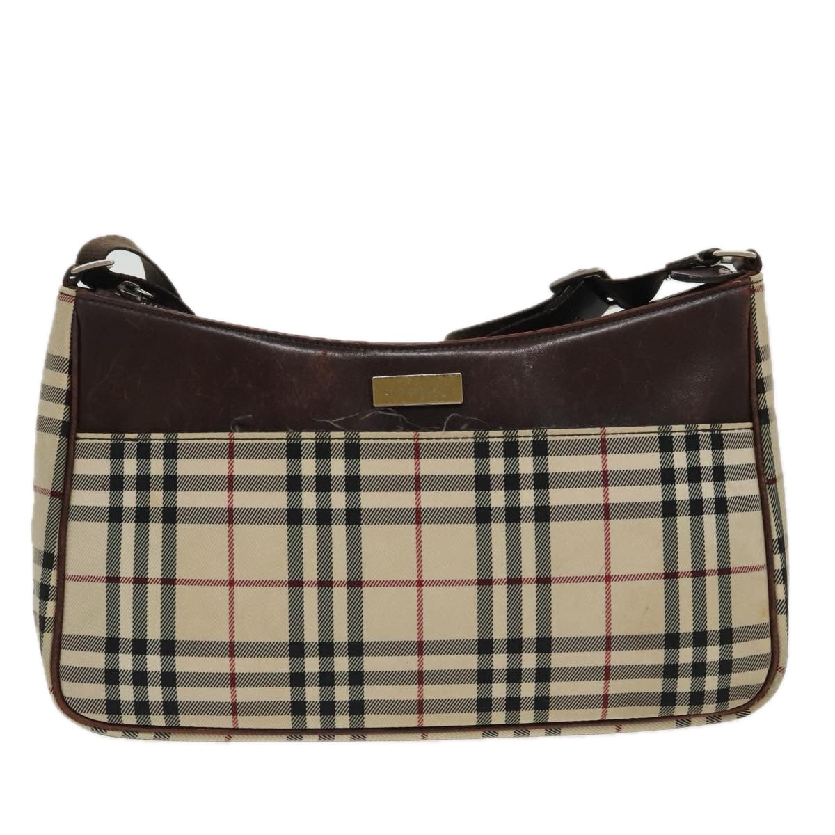 BURBERRY Nova Check Shoulder Bag Nylon Leather Beige Brown Silver Auth 97192