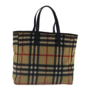 Burberrys Nova Check Blue Label Tote Bag Wool Leather Beige Silver Auth 97206-13