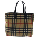 Burberrys Nova Check Blue Label Tote Bag Wool Leather Beige Silver Auth 97206-2