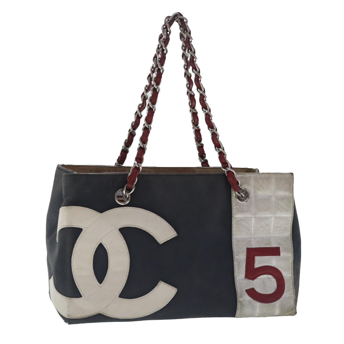 CHANEL Chain Hand Bag No5 Canvas Navy Silver CC Auth 97210