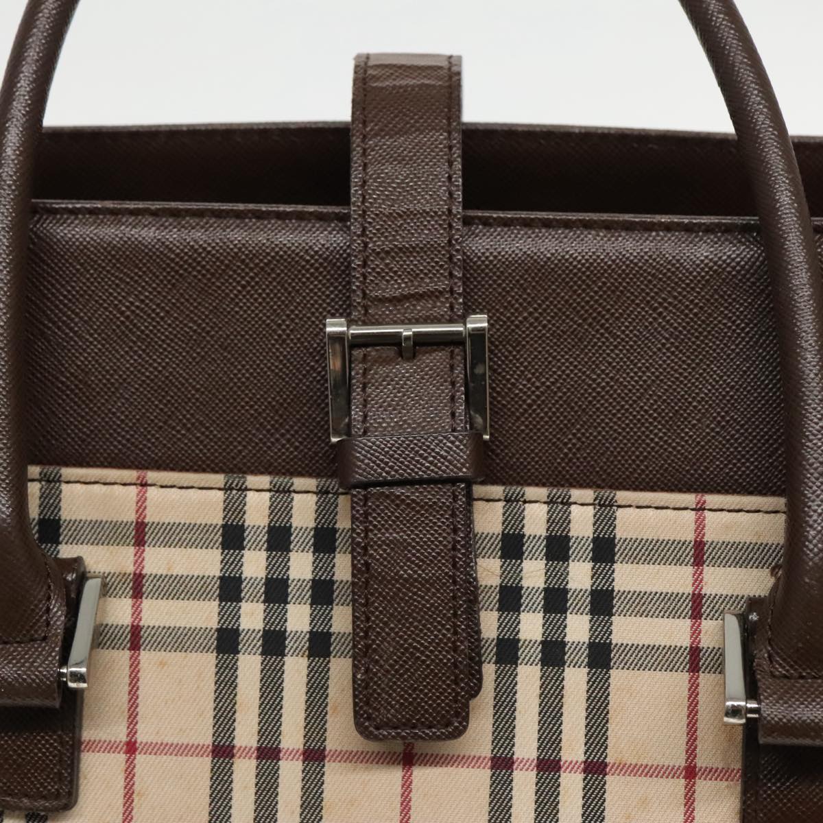 BURBERRY Nova Check Hand Bag Canvas Leather Beige Brown Silver Auth 97230