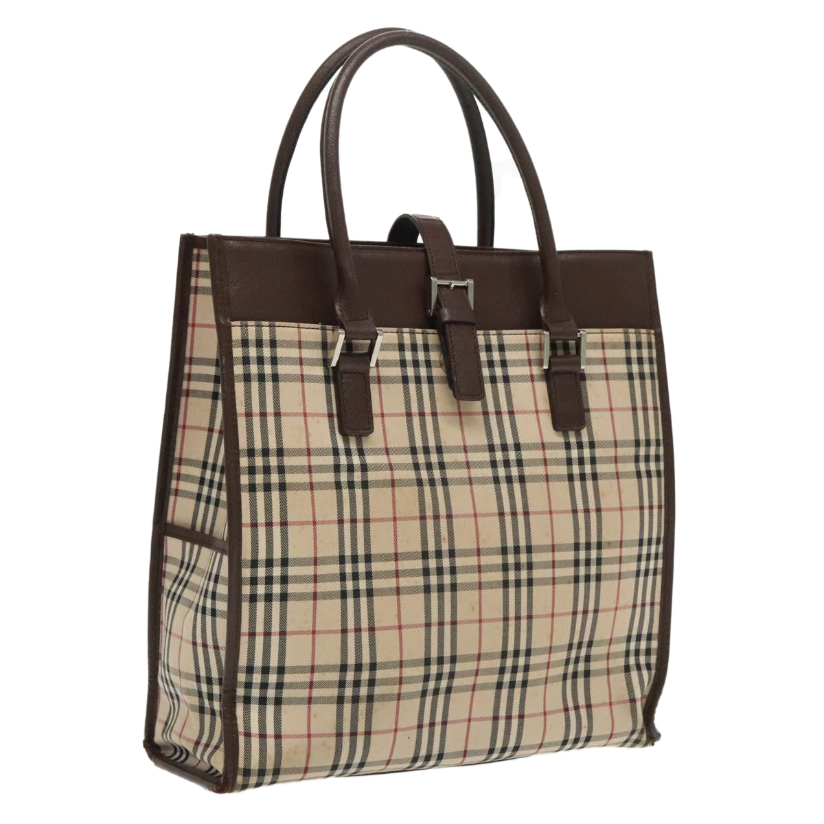 BURBERRY Nova Check Hand Bag Canvas Leather Beige Brown Silver Auth 97230