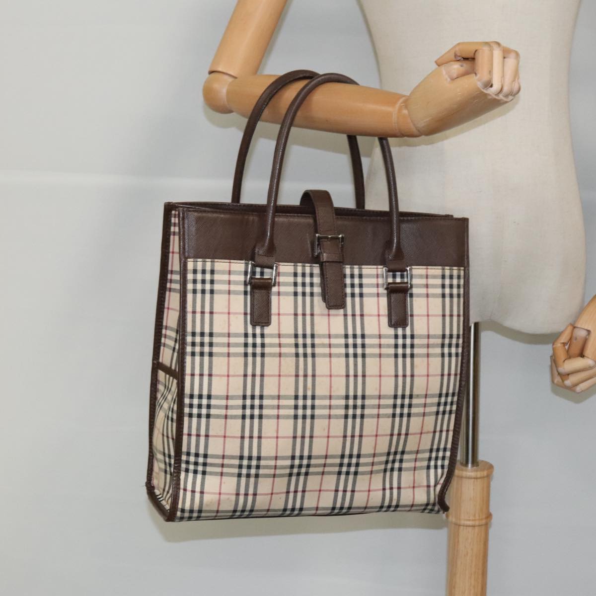 BURBERRY Nova Check Hand Bag Canvas Leather Beige Brown Silver Auth 97230