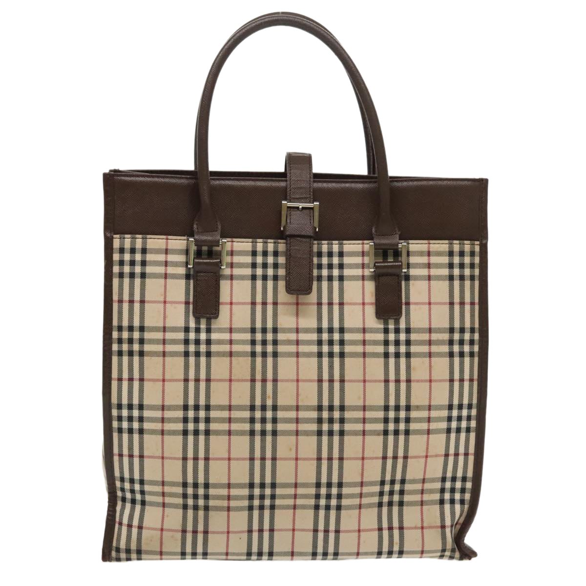 BURBERRY Nova Check Hand Bag Canvas Leather Beige Brown Silver Auth 97230