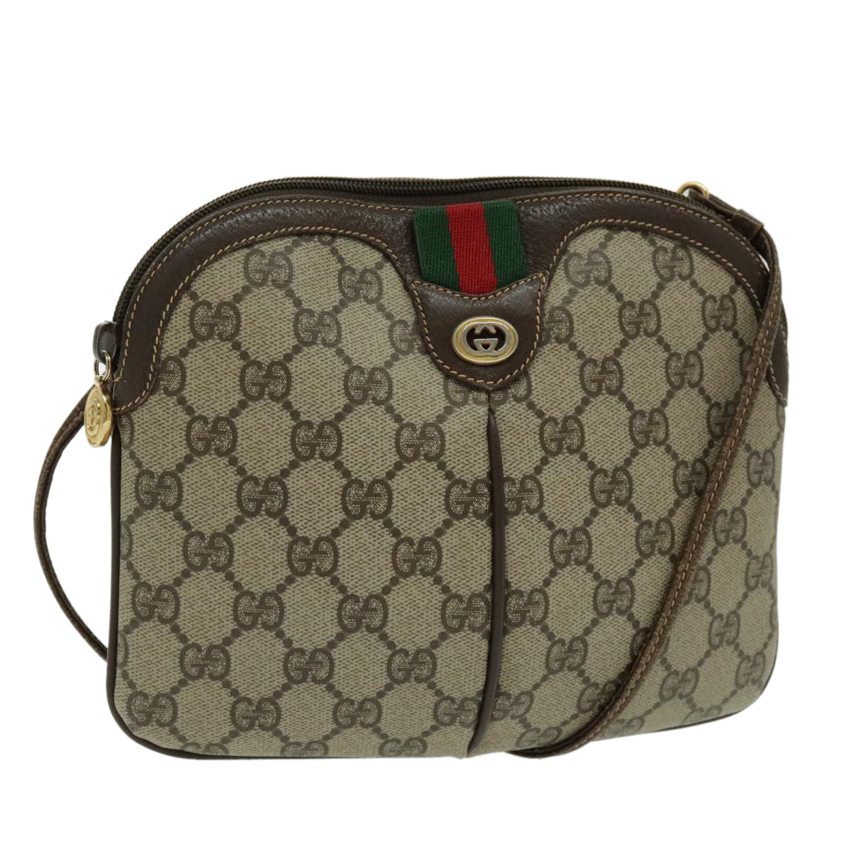 GUCCI GG Canvas Web Sherry Line Shoulder Bag PVC Leather Brown Gold  Auth 97247