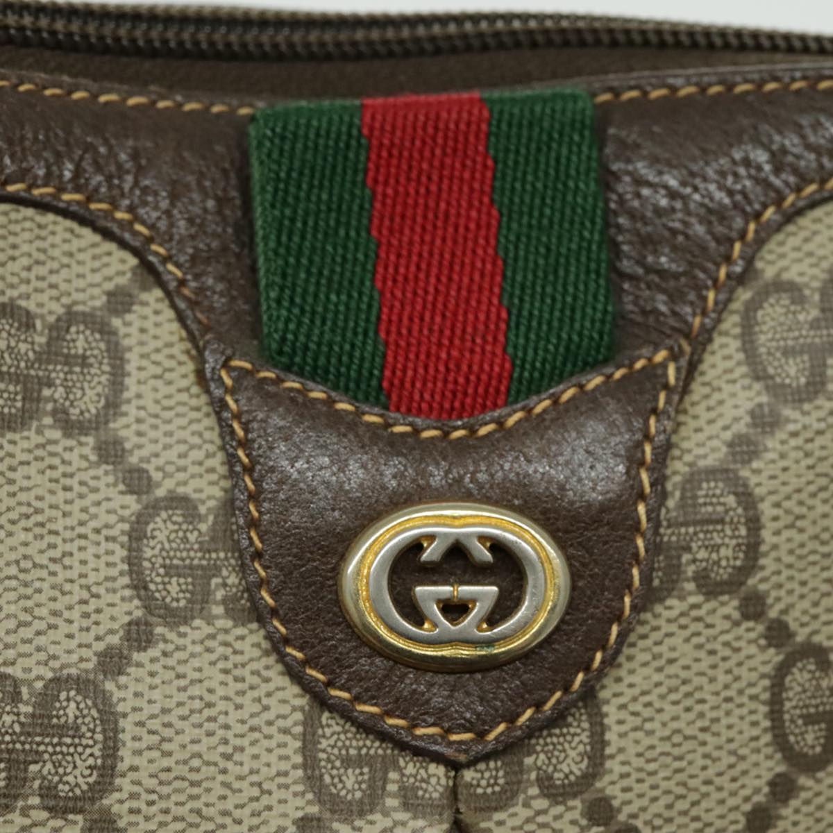 GUCCI GG Canvas Web Sherry Line Shoulder Bag PVC Leather Brown Gold  Auth 97247