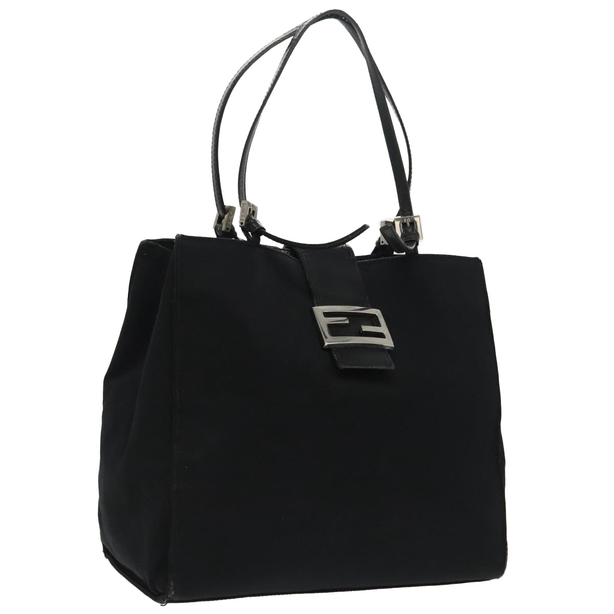 FENDI Mamma Baguette Tote Bag Nylon Leather Black Silver Auth 97258