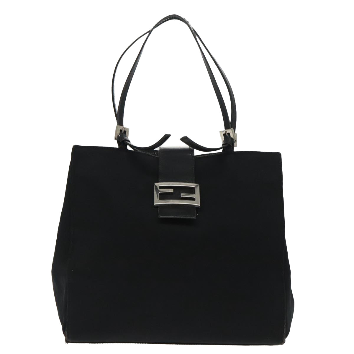 FENDI Mamma Baguette Tote Bag Nylon Leather Black Silver Auth 97258