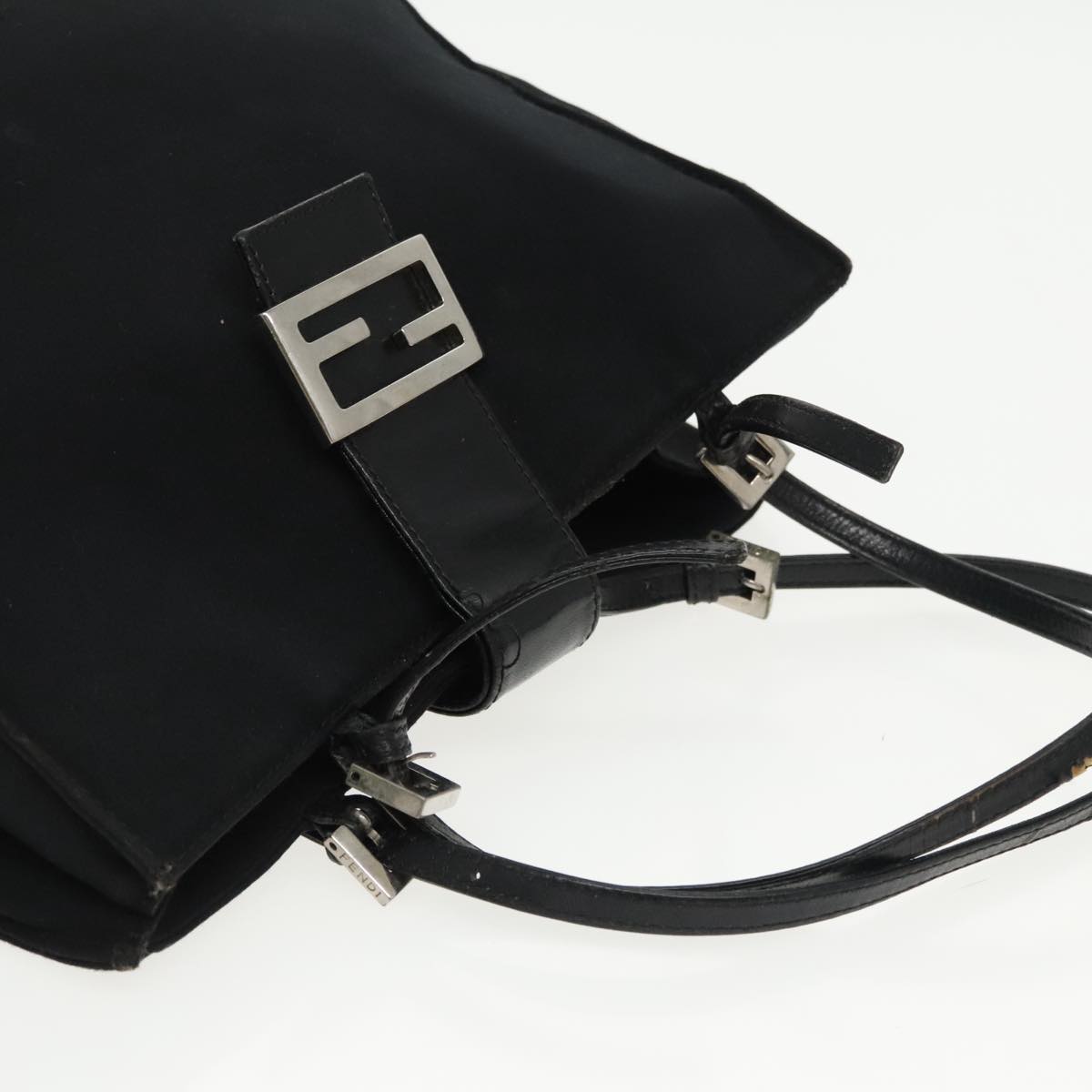 FENDI Mamma Baguette Tote Bag Nylon Leather Black Silver Auth 97258