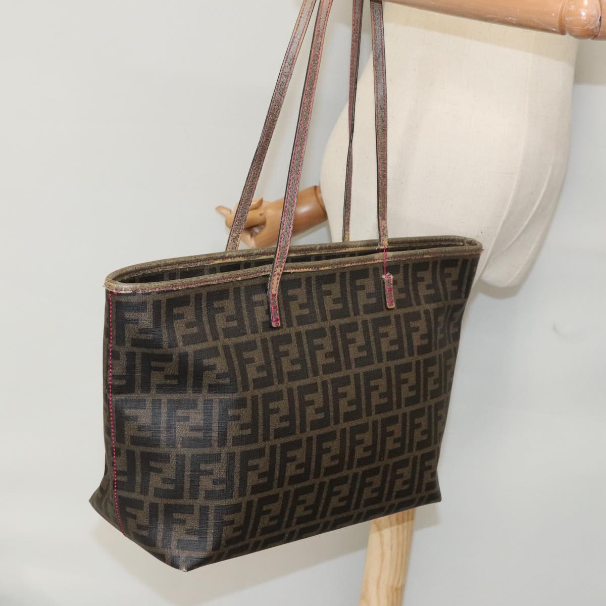 FENDI Zucca Canvas Tote Bag Brown Black Gold Auth 97259