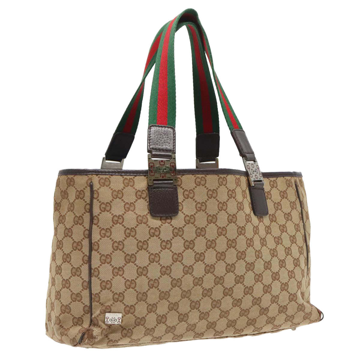 GUCCI GG Canvas Web Sherry Line Tote Bag Beige Silver 145758 Auth 97286