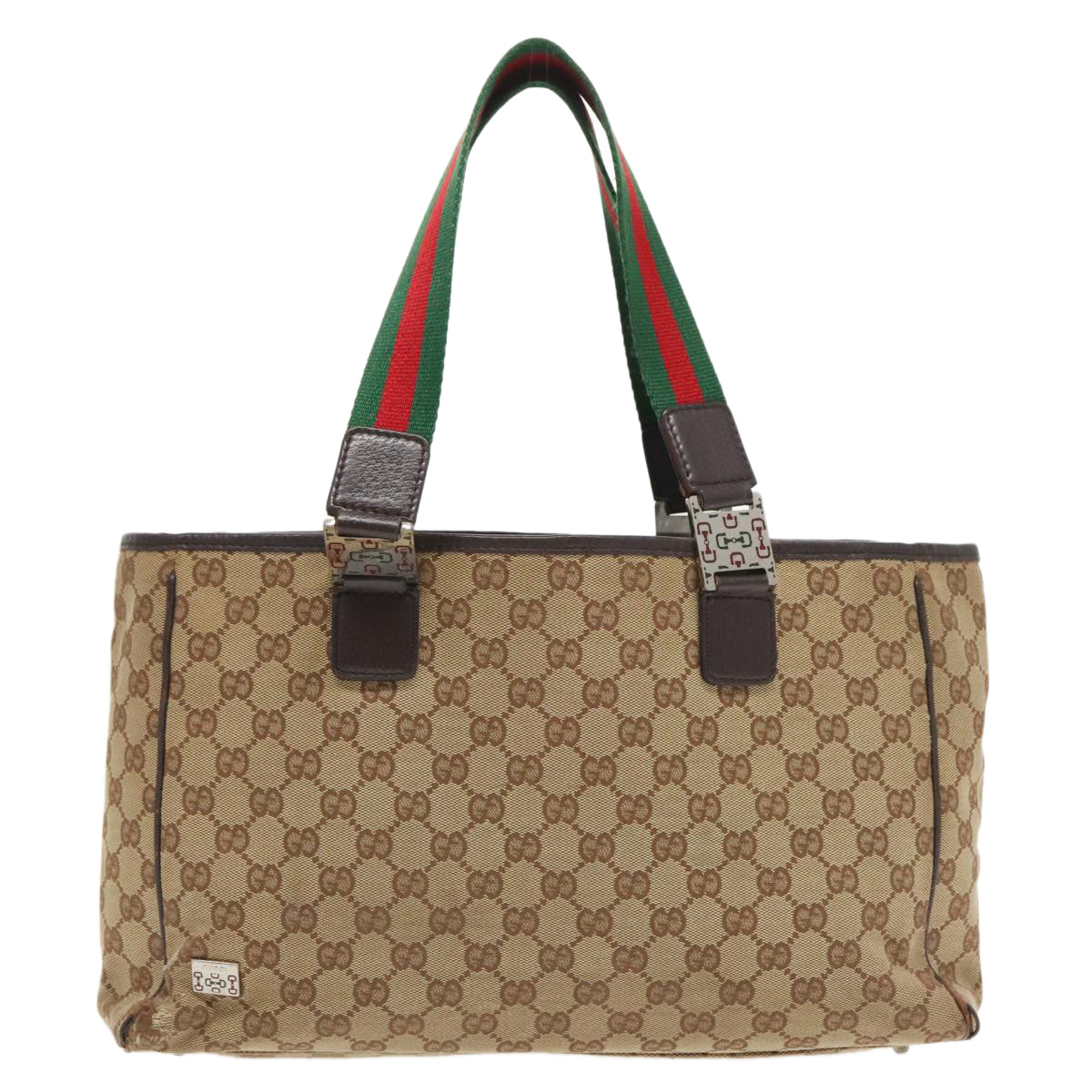 GUCCI GG Canvas Web Sherry Line Tote Bag Beige Silver 145758 Auth 97286