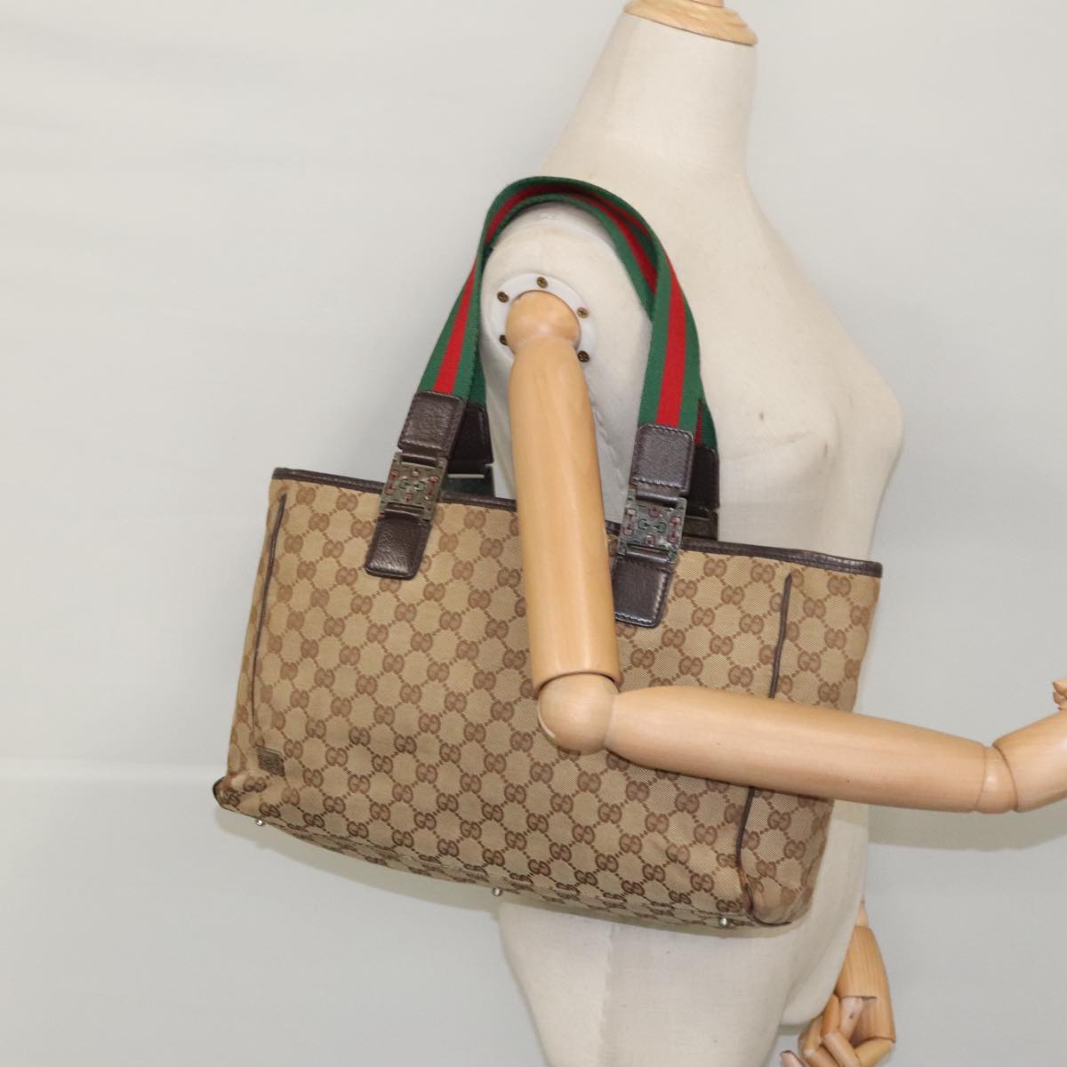 GUCCI GG Canvas Web Sherry Line Tote Bag Beige Silver 145758 Auth 97286